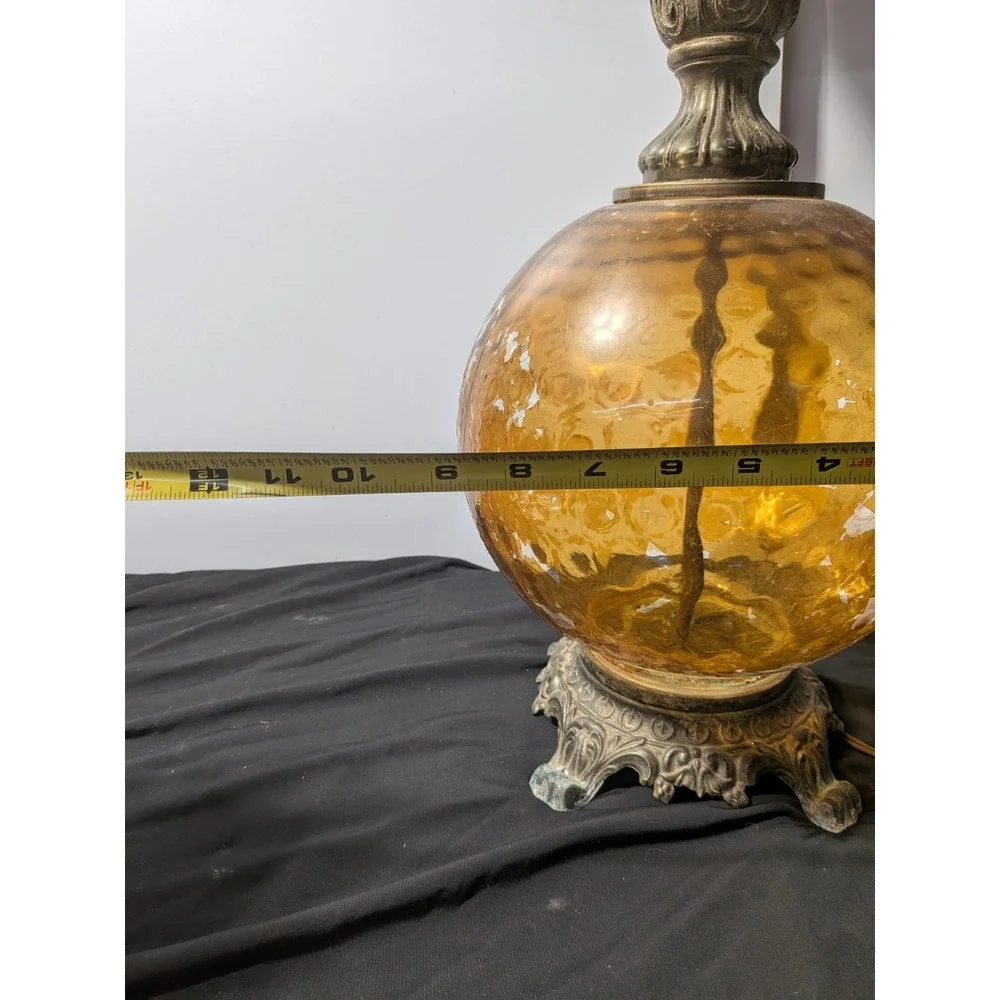 Vintage Mid Century Amber Crackle Glass Globe Table Lamp Brass Base Retro...